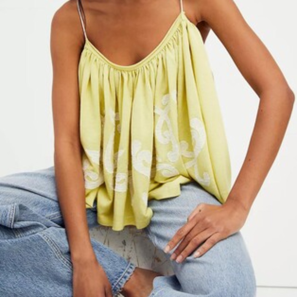 Free People Yellow On Clouds Spaghetti Strap Oversized Scoop Neck Tank Top